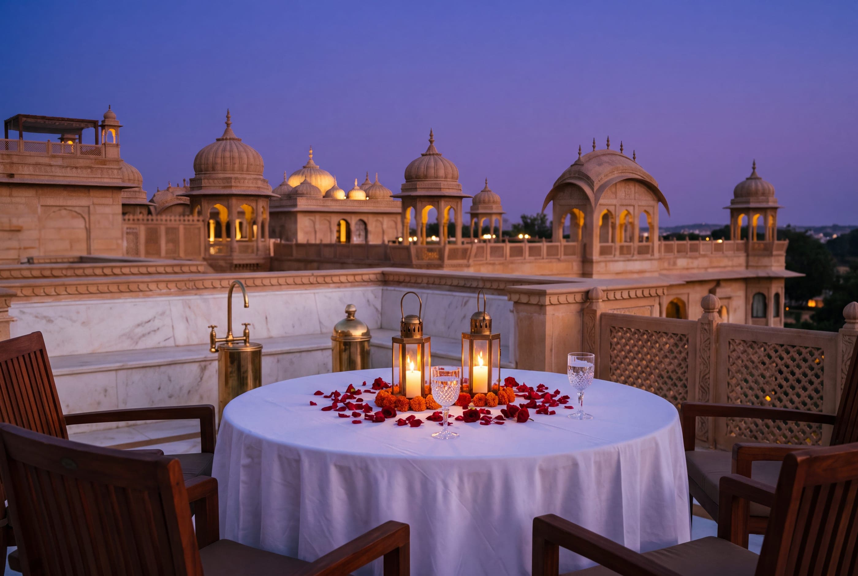 A terrace table set for two with rose petals and lanterns, palace domes behind it at dusk