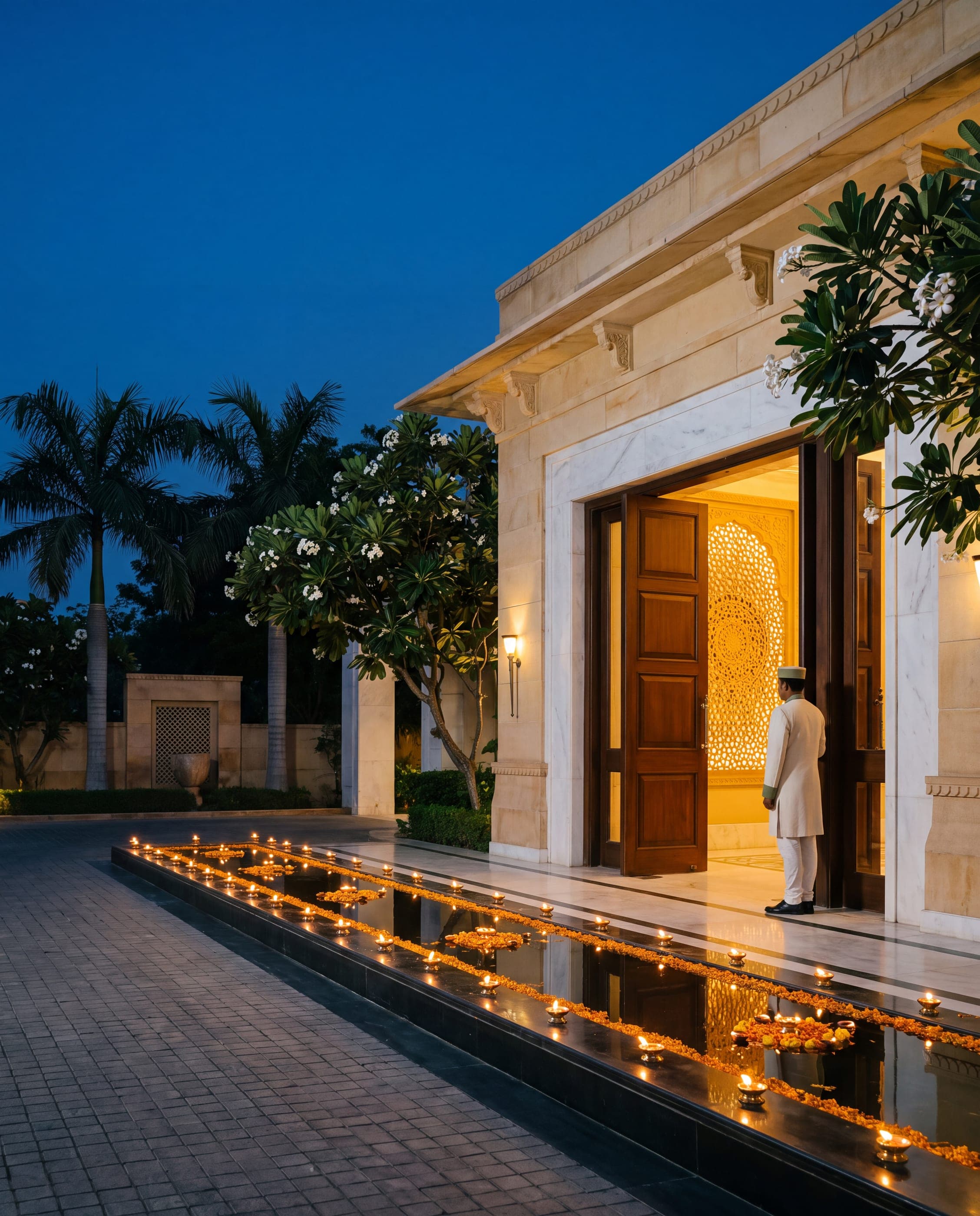 A warmly lit contemporary hotel entrance at night