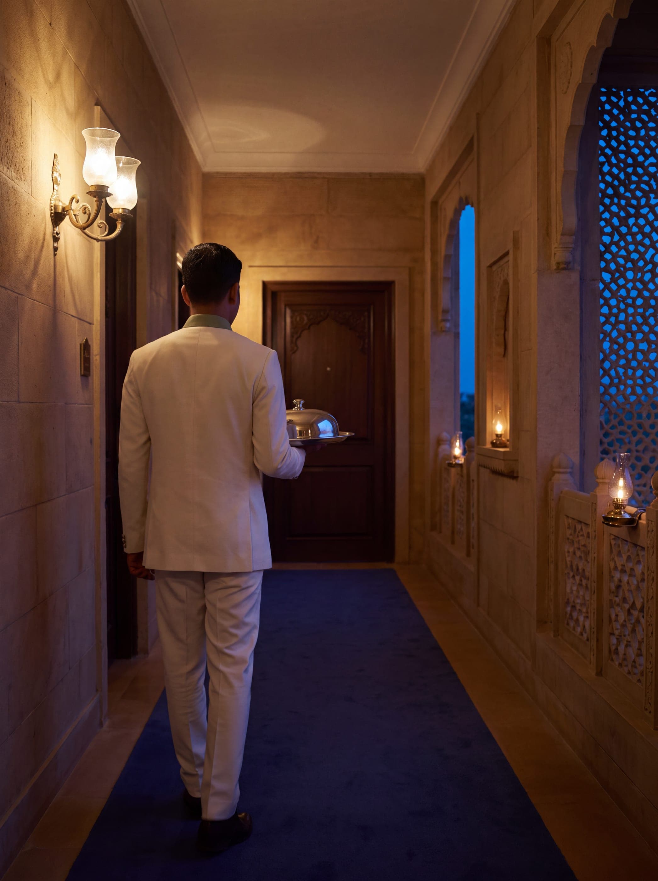 A hotel team member delivering a prepared late-night meal