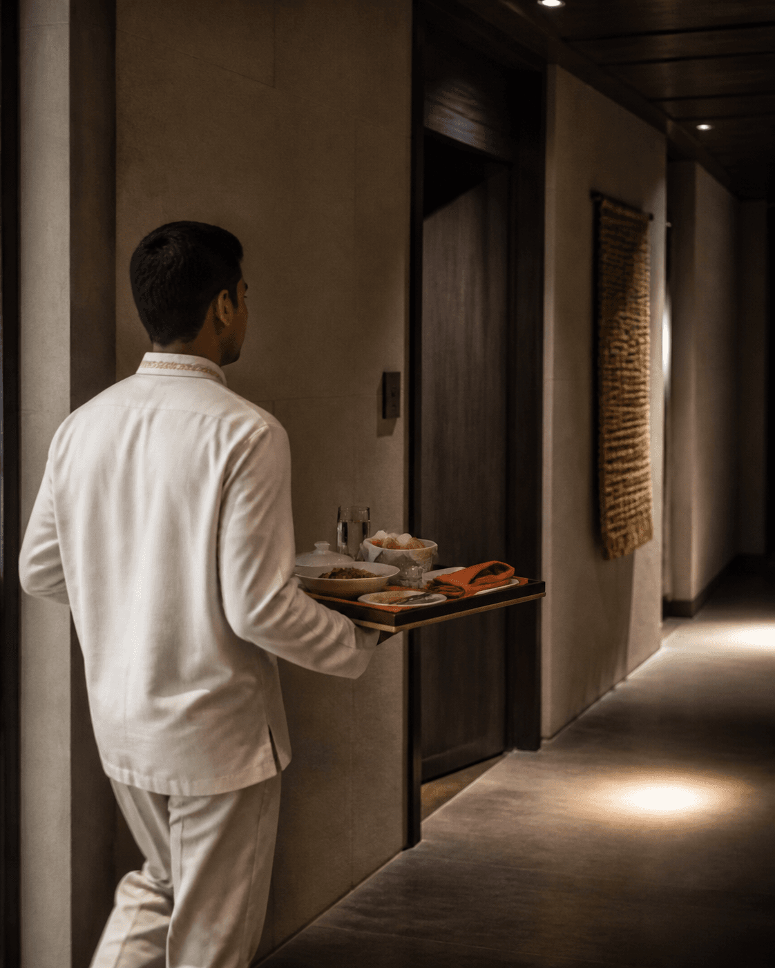 A hotel team member delivering a prepared late-night meal